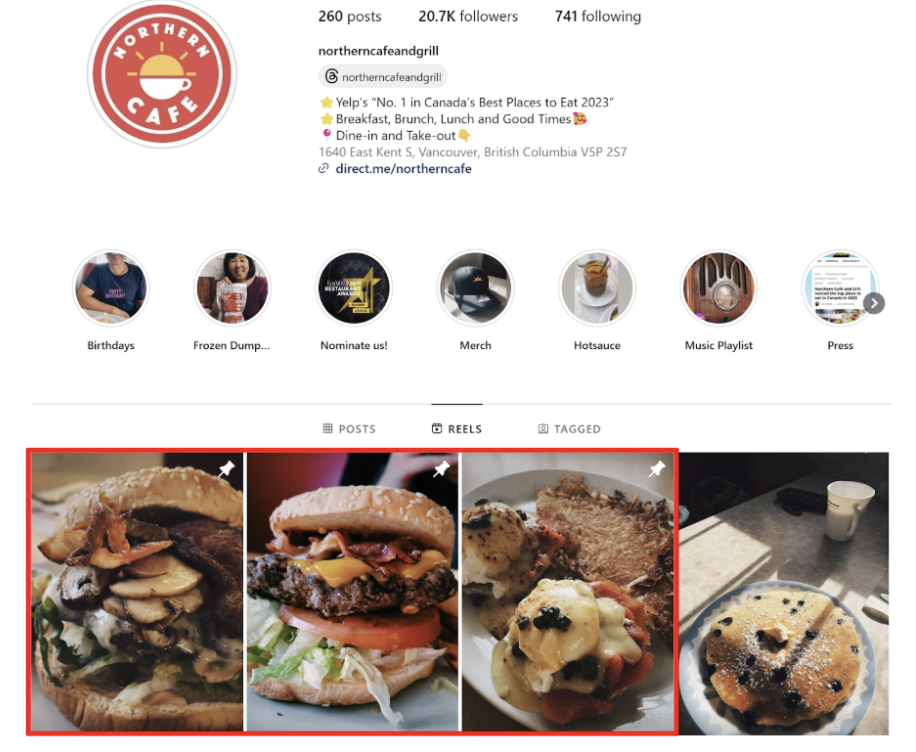 Northern Cafe’s Instagram branding—storytelling highlights and engaging food reels—featured in the post ‘5 Vancouver Restaurants Crushing Instagram
