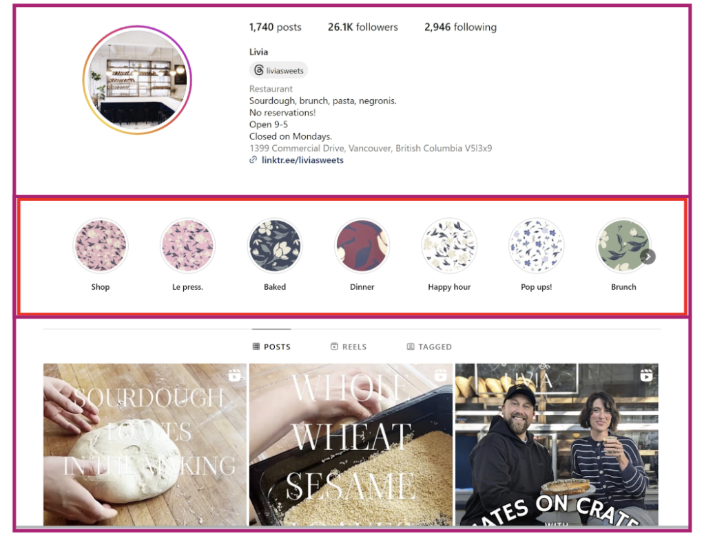 Instagram screenshot of Livia with pastel floral highlight icons and artisan sourdough posts demonstrating a consistent visual identity.