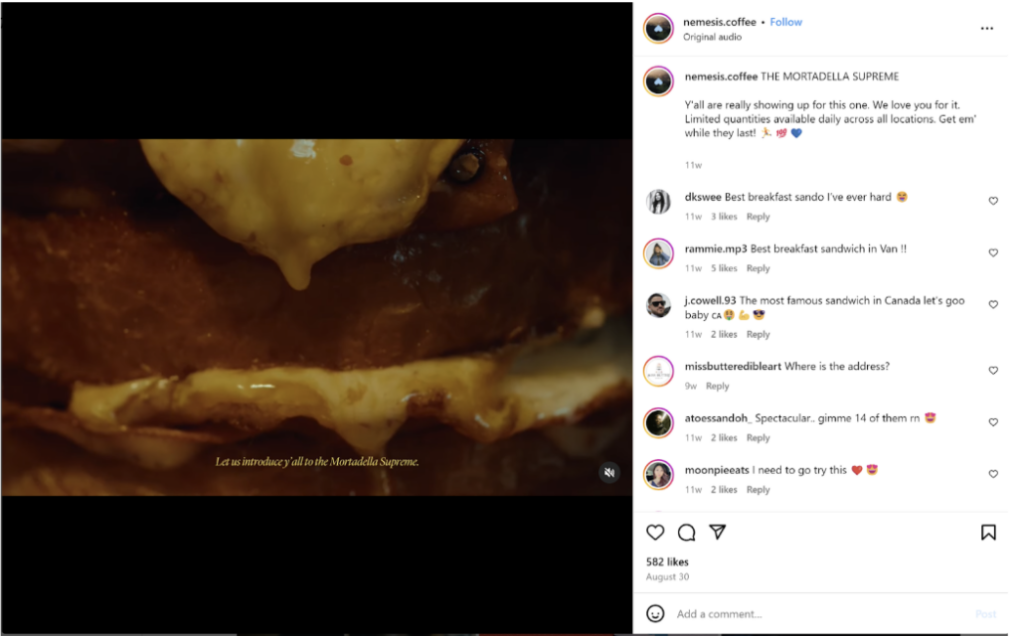 Nemesis Coffee Instagram reel featuring an artistic close-up of the Mortadella Supreme sandwich, illustrating the brand’s blend of culture, design, and high-impact visual storytelling.