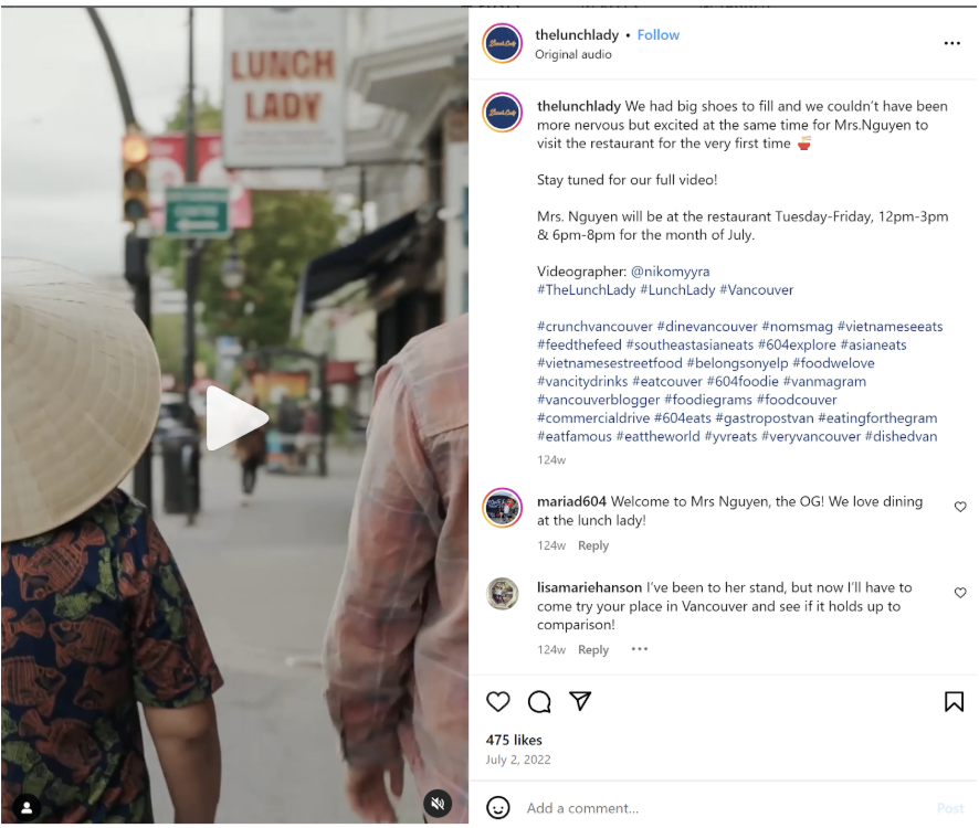 The Lunch Lady Instagram reel featuring a street scene outside the restaurant, illustrating how the brand uses cultural authenticity and storytelling to build a strong identity.